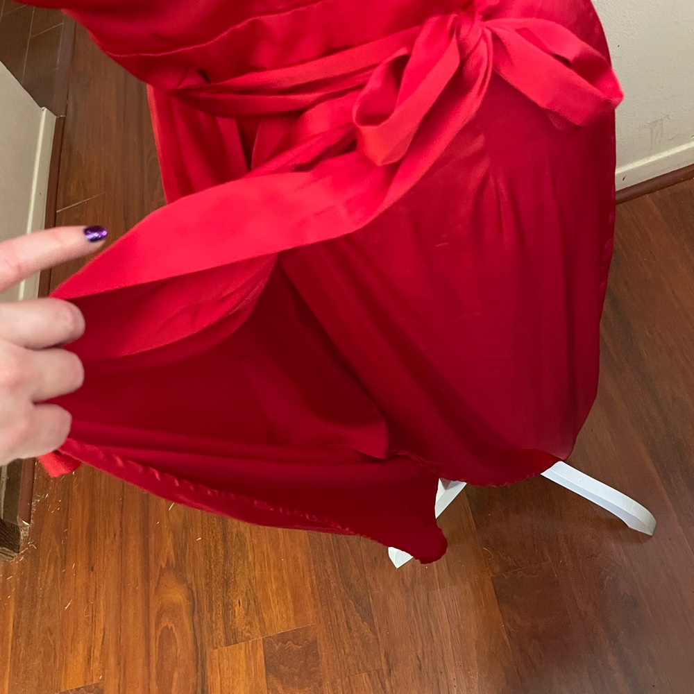 Zesica Red Satin faux wrap Dress LARGE short sleeve stretch V Neck belt zipper - Picture 10 of 16